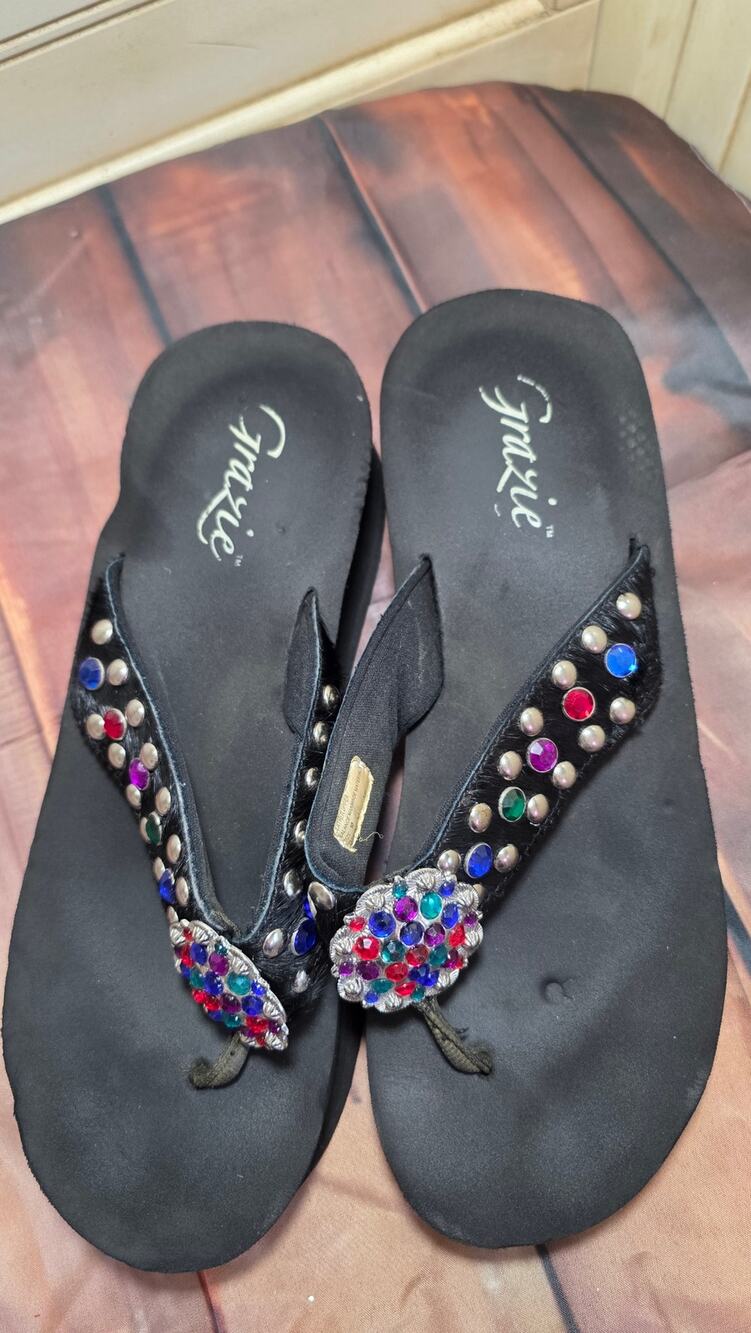 Grazie Black Multicolor Rhinestone Studded Flip Flop Sandals Size 10